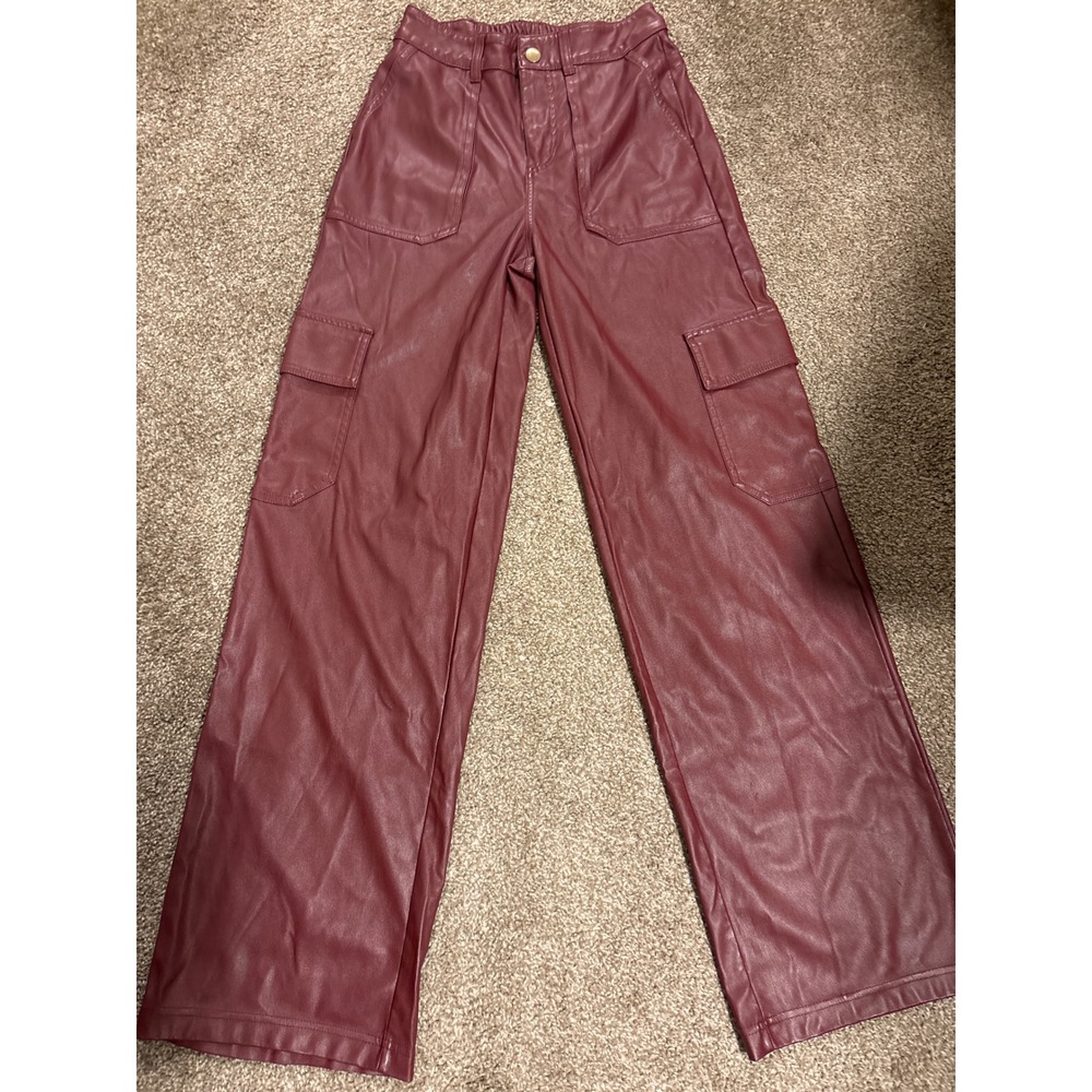 Wild Fable Cargo Pants Women XXS Burgundy Faux Leather Wide Leg High Rise